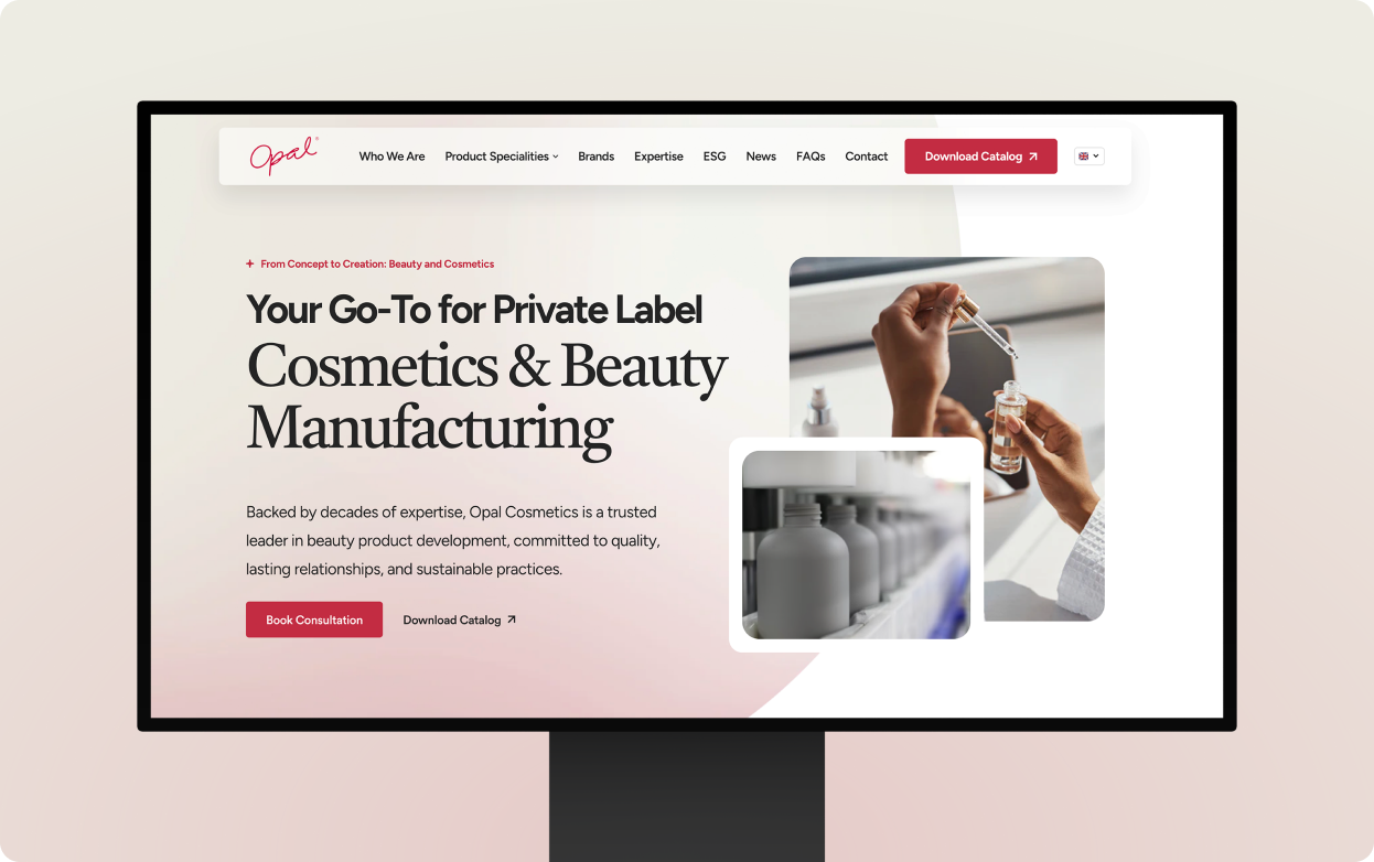 Opal Cosmetics website redesign shown on a desktop display