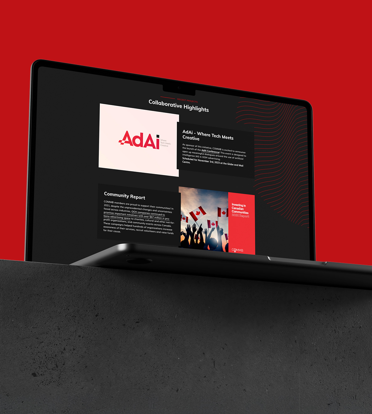 Lifted Solutions web design project for the Canadian Out-of-Home Marketing Bureau showcasing AdAi and community highlights